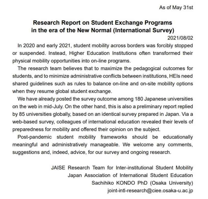 Research Report on Student Exchange Programs in the Era of the New Normal (Non-Japanese Universities)